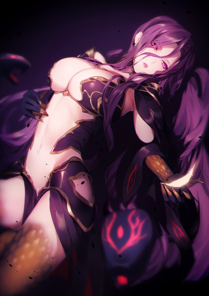 Anime-Bild 1400x1980 mit fate (series) fate/grand order fate/stay night rider gorgon (fate) kyouya (mukuro238) single long hair tall image fringe breasts open mouth light erotic simple background hair between eyes large breasts purple eyes looking away purple hair lying