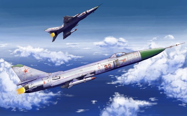 Anime picture 1500x937 with original earasensha wide image sky cloud (clouds) flying weapon airplane jet