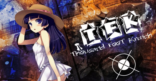 Anime picture 2000x1043 with k.g single long hair blush highres blue eyes wide image bare shoulders blue hair looking back loli girl dress hat