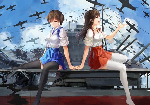 Anime picture 1720x1214 with kantai collection kaga aircraft carrier akagi aircraft carrier shuang ye long hair fringe highres short hair breasts open mouth brown hair sitting multiple girls holding brown eyes sky cloud (clouds) ponytail traditional clothes profile