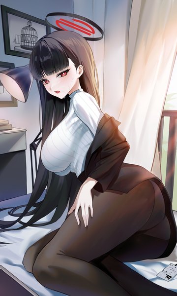 Anime picture 1020x1700 with blue archive rio (blue archive) crying eye single long hair tall image looking at viewer fringe breasts open mouth light erotic black hair red eyes large breasts ass indoors blunt bangs off shoulder sweat reclining