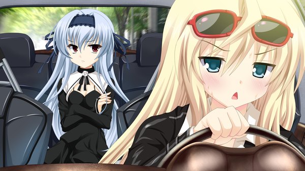 イラスト 2048x1152 と namima no kuni no faust 長髪 highres 青い目 金髪 赤い目 wide image multiple girls 青い髪 game cg car interior 女の子 ドレス 2人女子 ヘアバンド サングラス 地上車 車