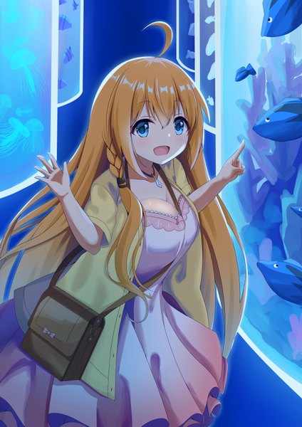 Anime picture 595x842 with princess connect! re:dive princess connect! pecorine (princess connect!) pecorine (real) (princess connect!) syurimp single long hair tall image blush fringe breasts open mouth blue eyes smile hair between eyes large breasts standing payot cleavage ahoge