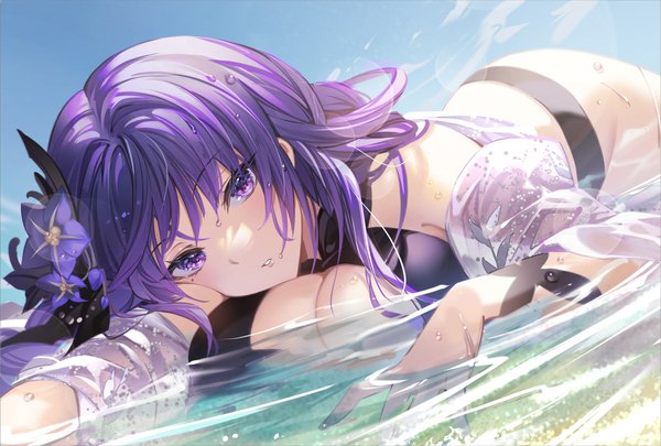 Anime picture 1233x832 with genshin impact raiden shogun noir eku single long hair looking at viewer fringe breasts light erotic large breasts purple eyes sky purple hair outdoors lying parted lips mole wet mole under eye partially submerged