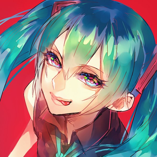 Anime picture 1024x1024 with vocaloid hatsune miku tayuya1130 single long hair looking at viewer fringe simple background twintails bare shoulders multicolored hair from above aqua hair pink background face licking multicolored eyes girl necktie tongue