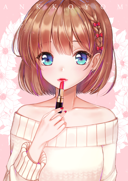 Anime picture 1200x1690 with original ango single tall image fringe short hair brown hair bare shoulders signed upper body braid (braids) nail polish aqua eyes lipstick side braid red lipstick expressionless makeup red nail polish girl