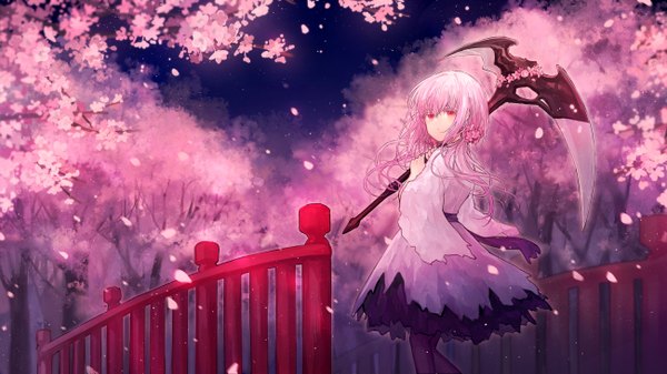 Anime picture 1300x731 with yu-gi-oh! tefuda yuhatsu no.18 single long hair blush fringe hair between eyes red eyes wide image standing holding pink hair outdoors looking back hair flower night two side up torn clothes cherry blossoms