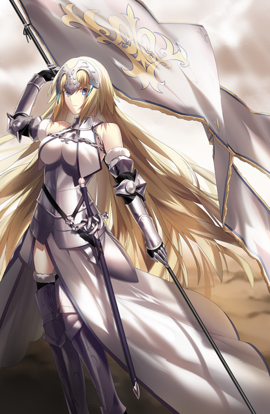 Anime picture 1125x1725 with fate (series) fate/apocrypha jeanne d'arc (fate) (all) jeanne d'arc (fate) grape (pixiv27523889) single tall image looking at viewer breasts blue eyes light erotic blonde hair large breasts standing outdoors very long hair girl armor armored dress banner