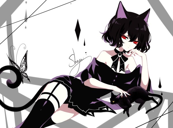 Anime picture 3500x2600 with original sheya single looking at viewer fringe highres short hair black hair simple background hair between eyes red eyes bare shoulders signed animal ears absurdres tail lying nail polish animal tail cat ears