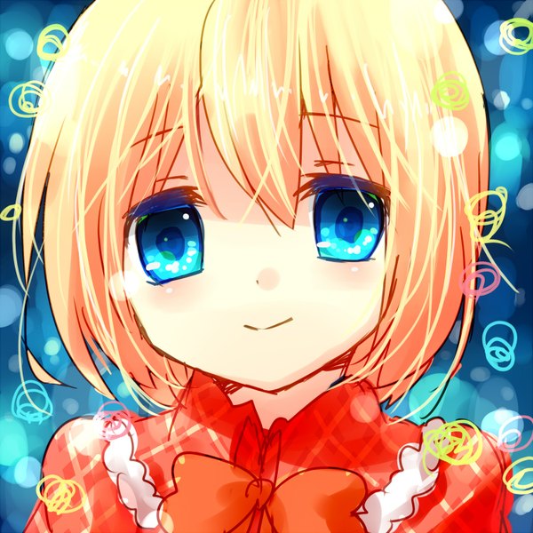 Anime picture 1500x1500 with original sado single blush highres short hair blue eyes blonde hair light smile portrait christmas close-up face girl bow
