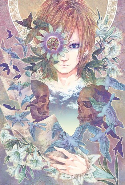 Anime picture 1686x2489 with original yukimichi (nieko) single tall image short hair blue eyes brown hair sky cloud (clouds) piercing flower over eye boy flower (flowers) earrings animal bird (birds) skull paper musical note lily (flower)