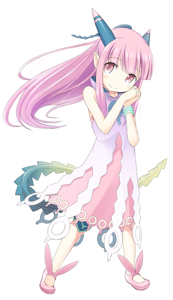 Anime picture 705x1222 with summon night milreaf (summon night) ell single long hair tall image fringe simple background white background pink hair tail pink eyes light smile looking up girl dress shoes bracelet