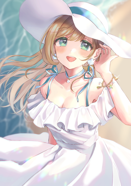 Anime picture 990x1400 with idolmaster idolmaster cinderella girls satou shin anoa single long hair tall image looking at viewer blush fringe breasts open mouth smile brown hair standing bare shoulders green eyes outdoors :d wind