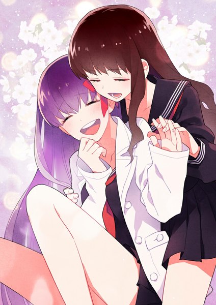 Anime picture 723x1023 with fate (series) fate/extra fate/extra ccc type-moon bb (fate) (all) bb (fate/extra) kishinami hakuno (female) gum (gmng) long hair tall image fringe open mouth brown hair multiple girls purple hair eyes closed hug hug from behind laughing girl