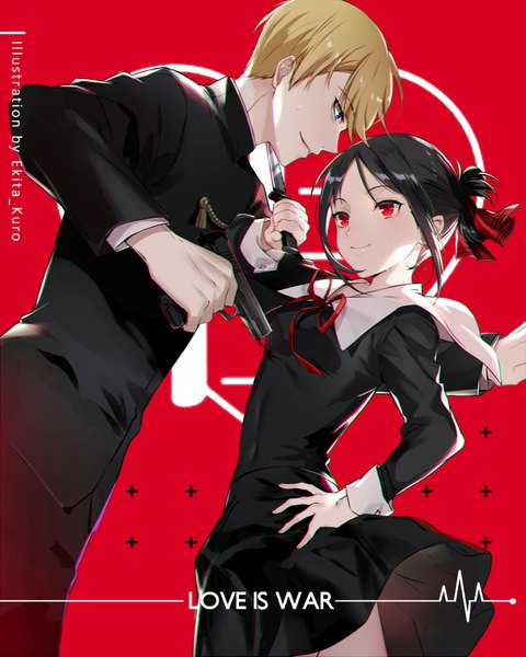 Anime picture 1487x1859 with kaguya-sama wa kokurasetai ~tensai-tachi no renai zunousen~ a-1 pictures shinomiya kaguya shirogane miyuki ekita xuan tall image fringe short hair blue eyes black hair blonde hair red eyes standing holding signed payot looking away profile light smile leaning