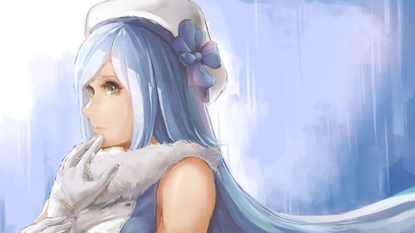 Anime picture 1280x720 with mobile suit gundam gundam build fighters sunrise (studio) aila jyrkiainen pandea work single long hair looking at viewer fringe wide image blue hair profile aqua eyes close-up blue background girl gloves flower (flowers) elbow gloves white gloves