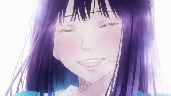 Anime picture 1280x720 with kimi ni todoke production i.g kuronuma sawako long hair blush smile wide image purple hair eyes closed tears happy close-up face screenshot girl