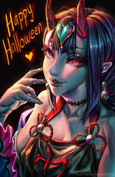 Anime picture 3076x4724 with fate (series) fate/grand order shuten douji (fate) shuten douji (halloween caster) (fate) artofkuzu single tall image looking at viewer blush fringe highres short hair simple background red eyes bare shoulders signed payot absurdres upper body nail polish