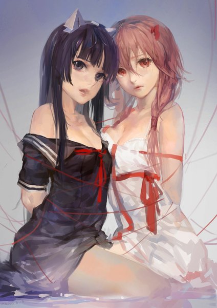Anime picture 703x994 with guilty crown production i.g yuzuriha inori tsugumi hjl long hair tall image looking at viewer blush fringe breasts open mouth light erotic red eyes sitting twintails bare shoulders multiple girls animal ears blue hair