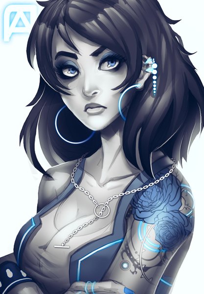 Anime picture 1200x1725 with wildstar (game) pechan (artist) single long hair tall image breasts blue eyes black hair simple background cleavage nail polish fingernails tattoo monochrome blue background eyebrows eyeshadow partially colored girl earrings