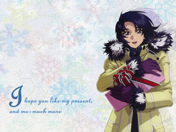 Anime picture 1600x1200 with gundam seed athrun zala short hair open mouth holding purple hair aqua eyes inscription shadow wallpaper blue background girl boy gift winter clothes