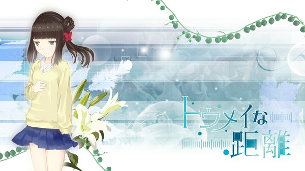 Anime picture 1000x563 with original frdotnet single long hair fringe black hair wide image brown eyes blunt bangs girl skirt flower (flowers) miniskirt sweater