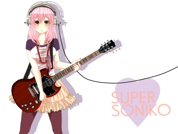 Anime picture 1600x1200 with nitroplus super sonico single long hair blush red eyes pink hair girl headphones wire (wires) guitar