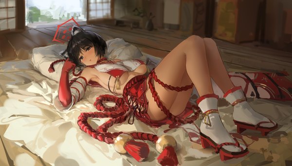 Anime picture 3348x1900 with blue archive tsubaki (blue archive) meinoss single fringe highres short hair breasts blue eyes light erotic black hair wide image looking away full body bent knee (knees) lying on back underboob floor girl
