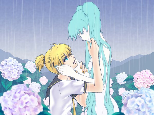 Anime picture 1024x768 with vocaloid hatsune miku kagamine len long hair short hair blue eyes blonde hair twintails very long hair aqua eyes aqua hair rain girl flower (flowers) necktie hydrangea koz