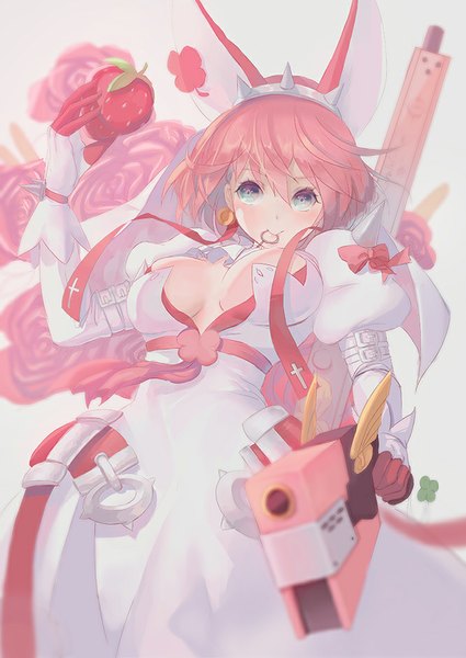 Anime picture 667x941 with guilty gear guilty gear xrd elphelt valentine tetsu (aurvandil) single tall image blush fringe short hair breasts blue eyes light erotic simple background animal ears looking away pink hair cleavage grey background from below fake animal ears