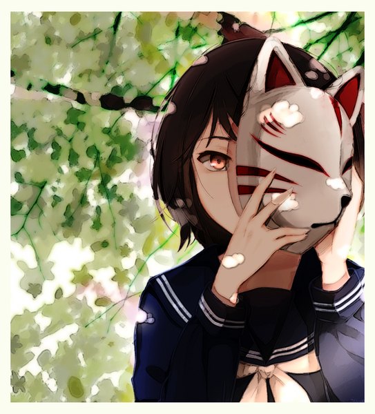 Anime picture 1751x1932 with natsume (artist) single tall image looking at viewer highres short hair brown hair holding brown eyes outdoors girl uniform serafuku mask branch fox mask
