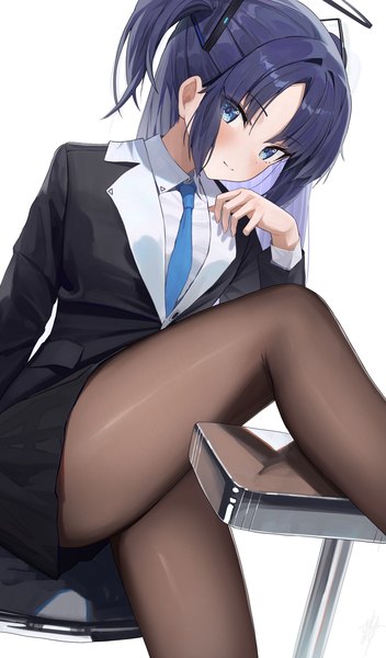 Anime picture 1758x3000 with blue archive yuuka (blue archive) hidulume single long hair tall image looking at viewer blush highres blue eyes light erotic simple background white background purple hair two side up girl pantyhose necktie