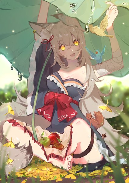 Anime picture 1000x1414 with original yuzhi single long hair tall image blush fringe breasts open mouth smile hair between eyes brown hair large breasts sitting bare shoulders holding animal ears yellow eyes cleavage bent knee (knees)