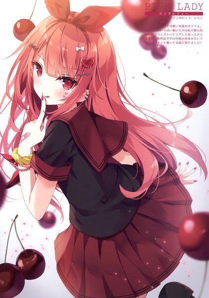 Anime picture 2106x3003 with original hoshi (snacherubi) single long hair tall image looking at viewer blush fringe highres simple background smile red eyes standing payot red hair blunt bangs nail polish pleated skirt fingernails wind