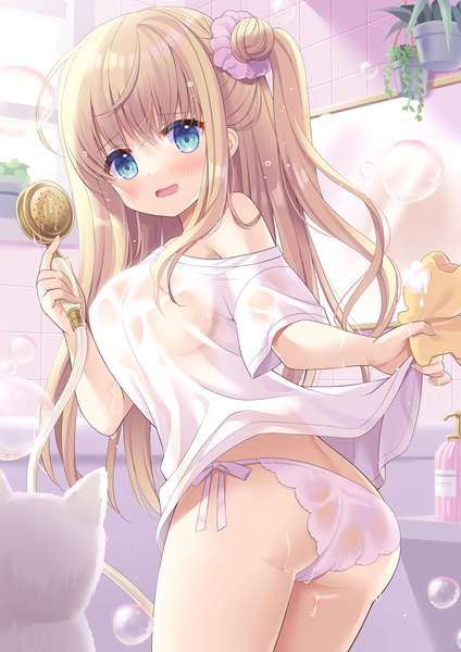 Anime picture 1500x2121 with original moe2022 hoshimame mana single long hair tall image blush breasts open mouth blue eyes light erotic ass looking back off shoulder hair bun (hair buns) one side up wet clothes girl underwear panties