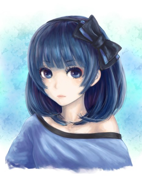 Anime picture 1000x1285 with original nakacha single tall image blush fringe short hair blue eyes blue hair looking away off shoulder girl bow hair bow hairband