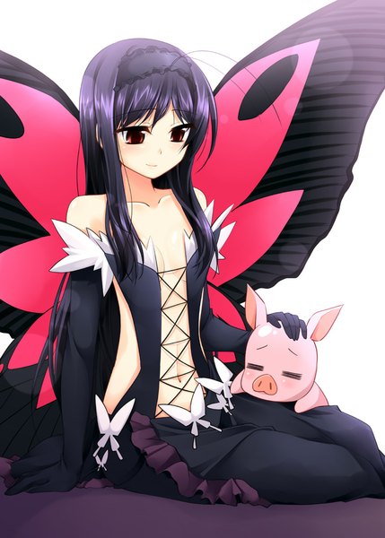 Anime picture 800x1119 with accel world sunrise (studio) kuroyukihime arita haruyuki nagami yuu single long hair tall image simple background red eyes white background purple hair insect wings butterfly wings girl dress gloves navel animal wings