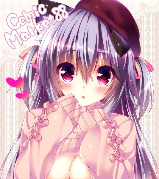 Anime picture 891x1000 with original oziko (ojitcha) ojitcha single long hair tall image blush breasts light erotic purple hair parted lips pink eyes two side up embarrassed girl ribbon (ribbons) hair ribbon headdress sweater
