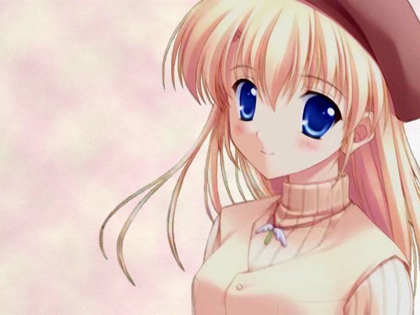 Anime picture 1024x768 with canvas 2 housen elis nanao naru single long hair looking at viewer fringe blue eyes blonde hair smile hair between eyes upper body blurry pink background girl pendant sweater beret vest