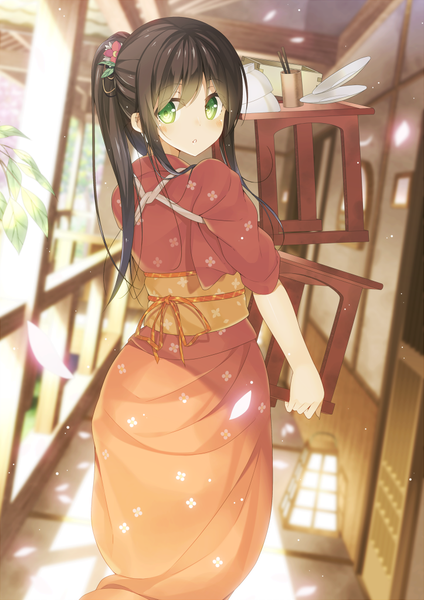 Anime picture 723x1023 with original hatsuki kaname single long hair tall image black hair green eyes ponytail traditional clothes japanese clothes looking back girl petals kimono obi