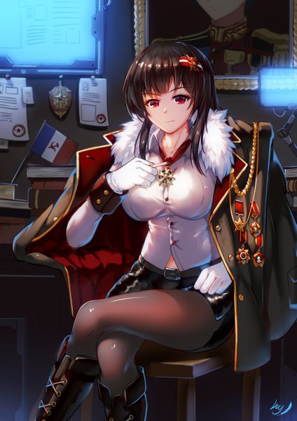 Anime picture 3507x4960 with original luo qingyu single long hair tall image looking at viewer fringe highres breasts smile red eyes brown hair large breasts sitting holding signed absurdres indoors long sleeves fur trim