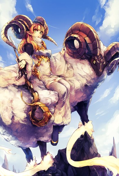 Anime picture 1361x2015 with original kyouya (mukuro238) long hair tall image looking at viewer blonde hair sitting yellow eyes sky cloud (clouds) horn (horns) pointy ears riding sheep girl girl animal boots staff shawl sheep