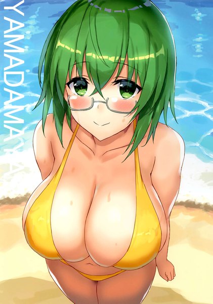 Anime picture 1280x1823 with infinite stratos 8bit yamada maya shibayuki single tall image looking at viewer blush fringe short hair breasts light erotic smile hair between eyes standing bare shoulders green eyes outdoors green hair from above