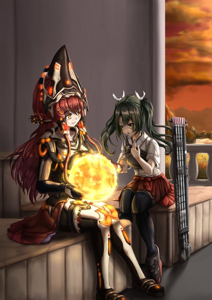 Anime picture 1654x2339 with kantai collection starcraft blizzard entertainment zuikaku aircraft carrier wakaura asaho long hair tall image sitting twintails multiple girls yellow eyes red hair green hair light smile :o magic glowing evening sunset crossover
