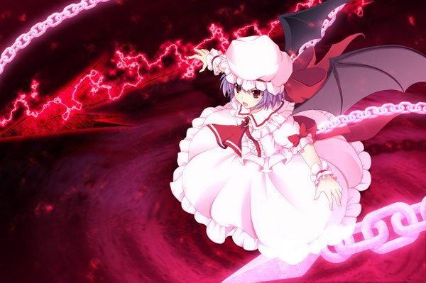 Anime picture 1280x853 with touhou remilia scarlet cross (crossryou) single short hair open mouth red eyes blue hair lightning girl dress wings frills chain bonnet spear spear the gungnir