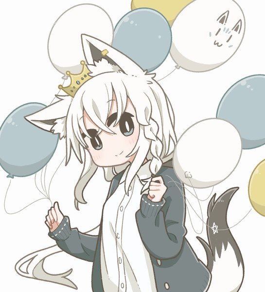 Anime picture 1860x2048 with virtual youtuber hololive shirakami fubuki east sha2 single long hair tall image looking at viewer fringe highres blue eyes simple background smile hair between eyes animal ears white hair tail braid (braids) long sleeves animal tail
