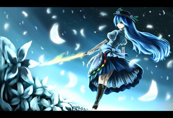 Anime picture 1470x1000 with touhou hinanawi tenshi paseri single long hair smile red eyes blue hair sky letterboxed girl thighhighs dress flower (flowers) bow hat petals sword star (stars)