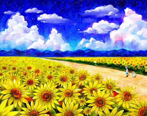 Anime picture 1000x794 with original nomiya (no 38) sky cloud (clouds) field hat child (children) teddy bear sunflower road