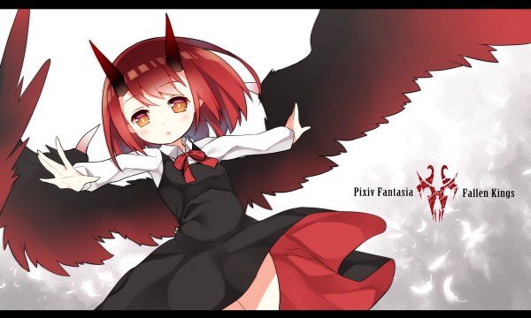 Anime picture 1200x720 with original pixiv fantasia pixiv fantasia fallen kings saru (longbb) looking at viewer blush fringe open mouth light erotic simple background red eyes wide image white background yellow eyes horn (horns) copyright name spread arms lolicon flying demon wings
