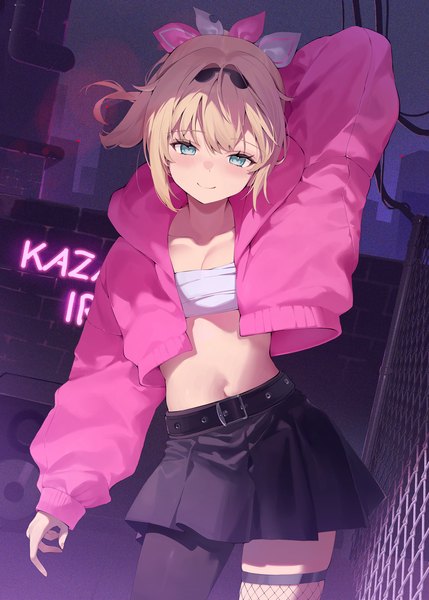 Anime picture 1555x2174 with virtual youtuber hololive kazama iroha hana mori single tall image looking at viewer blush fringe short hair blue eyes light erotic blonde hair smile standing cleavage outdoors ponytail long sleeves pleated skirt